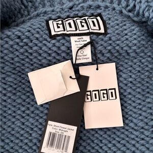 GOGO Blue Cardigan with Colorful Patterned Sleeves